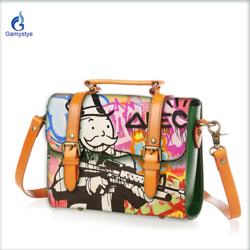 real leather ART ALEC Monopaly Women's Messenger bag Graffiti customized Handbag handmake Painted bag women Genuine leather Bags