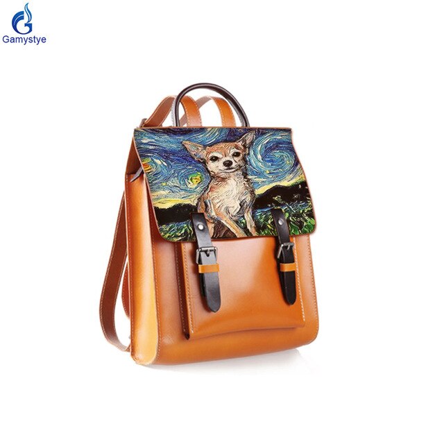 Real leather Backpack bag handmake art Painted Van Gogh Star DOG 2020 NEW  Man Women's backpack bag MAN Genuine leather backpack