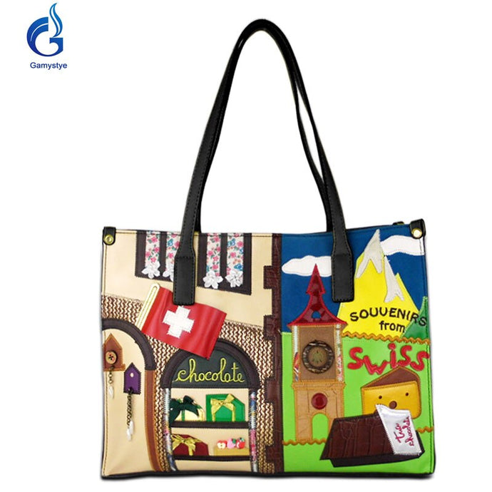 Sweden Women Bags Leather Patchwork Embroidery Handbags Shoulder Bags Cross Body Bag Braccialini Handmade Cartoon