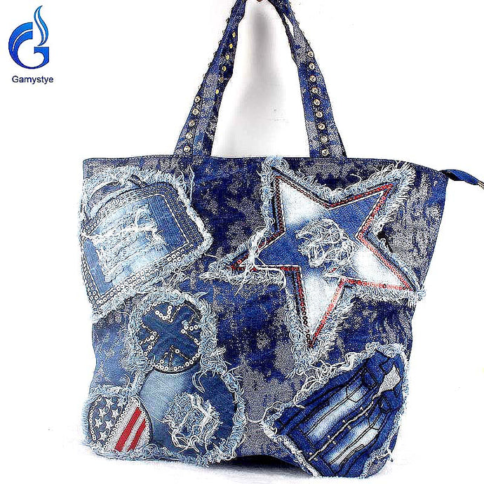 Women Large capacity ROCK Denim Handbags luxury Braccialini fashion Street STAR tassel bags Women Messenger Bag Big travel Totes