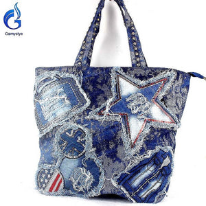 Women Large capacity ROCK Denim Handbags luxury Braccialini fashion Street STAR tassel bags Women Messenger Bag Big travel Totes