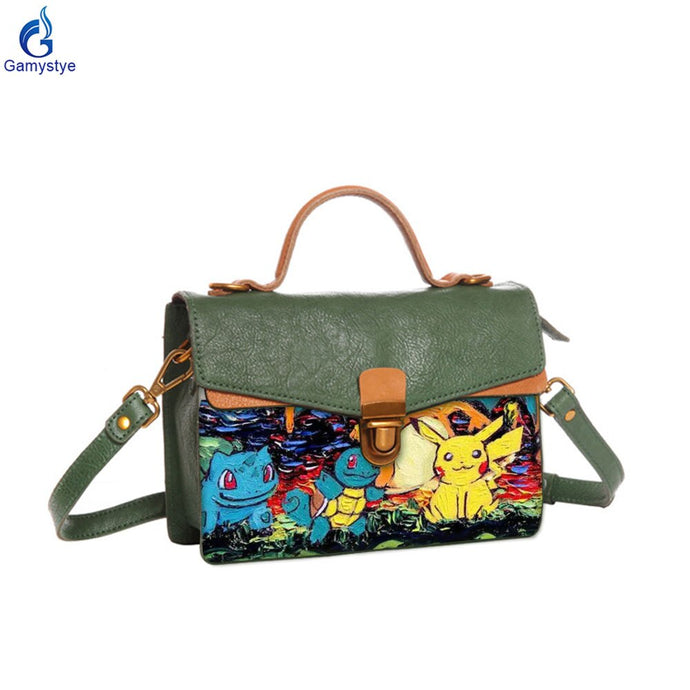 NEW Real leather Women's Messenger bag Graffiti Japan Anime Poke Pikac Girls bag Handbag printing bag women Genuine leather Bags