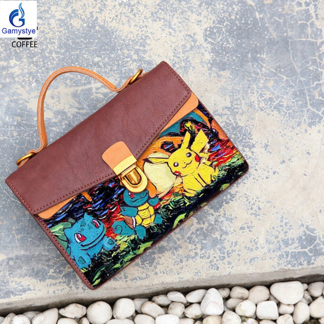 NEW Real leather Women's Messenger bag Graffiti Japan Anime Poke Pikac Girls bag Handbag printing bag women Genuine leather Bags
