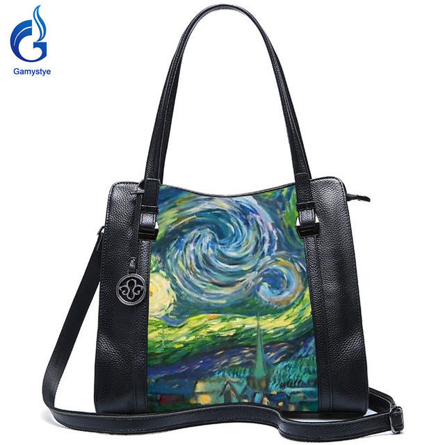 Personalized Custom Art Hand Paint Van Gogh starry sky 2020 New Sunmer Bags Handbags Women Genuine Leather totes Gift Girls MOM